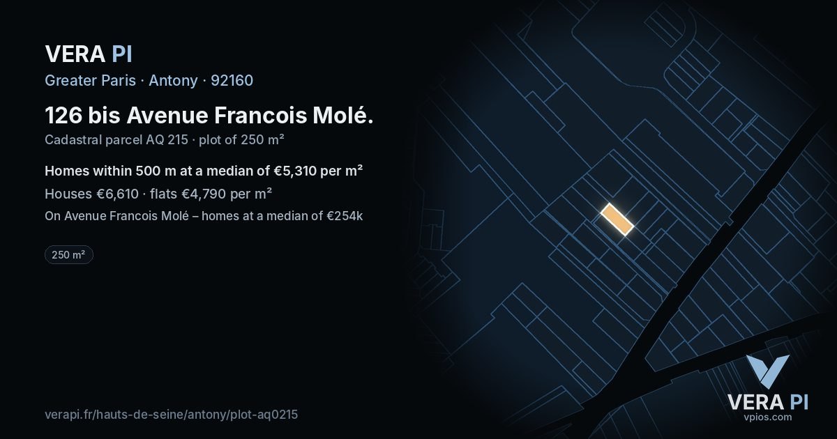 126 bis Avenue Francois Molé, Antony at night – the plot lit, the parcels around coloured by the prices near them