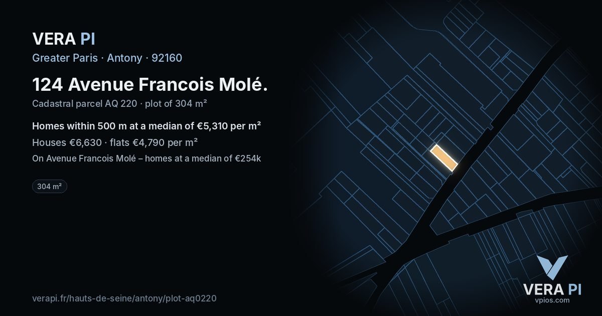 124 Avenue Francois Molé, Antony at night – the plot lit, the parcels around coloured by the prices near them