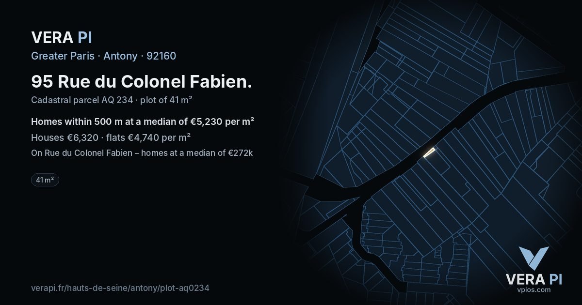 95 Rue du Colonel Fabien, Antony at night – the plot lit, the parcels around coloured by the prices near them