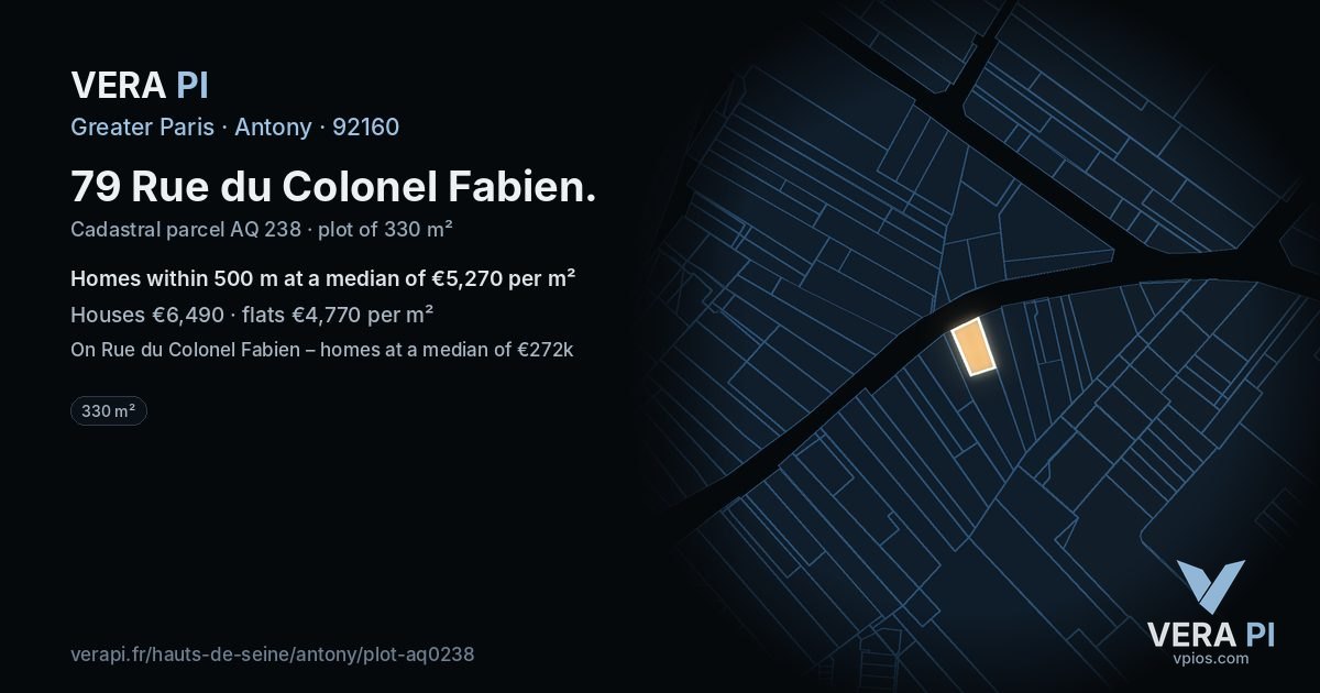 79 Rue du Colonel Fabien, Antony at night – the plot lit, the parcels around coloured by the prices near them