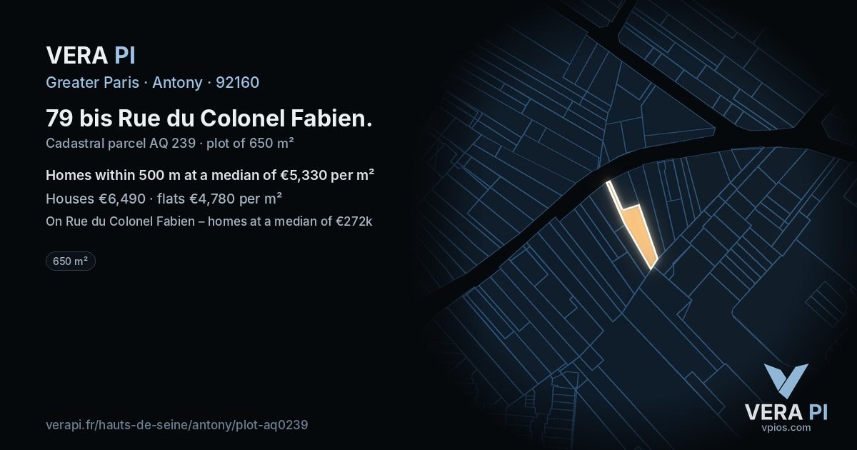 79 bis Rue du Colonel Fabien, Antony at night – the plot lit, the parcels around coloured by the prices near them