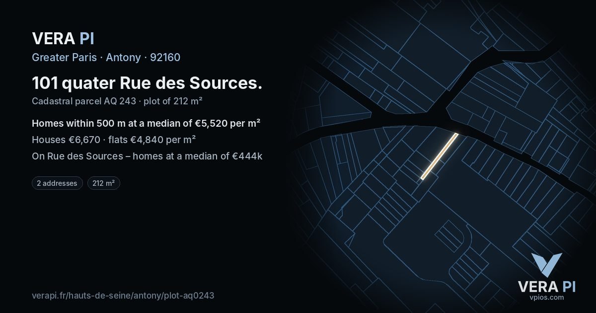 101 quater Rue des Sources, Antony at night – the plot lit, the parcels around coloured by the prices near them
