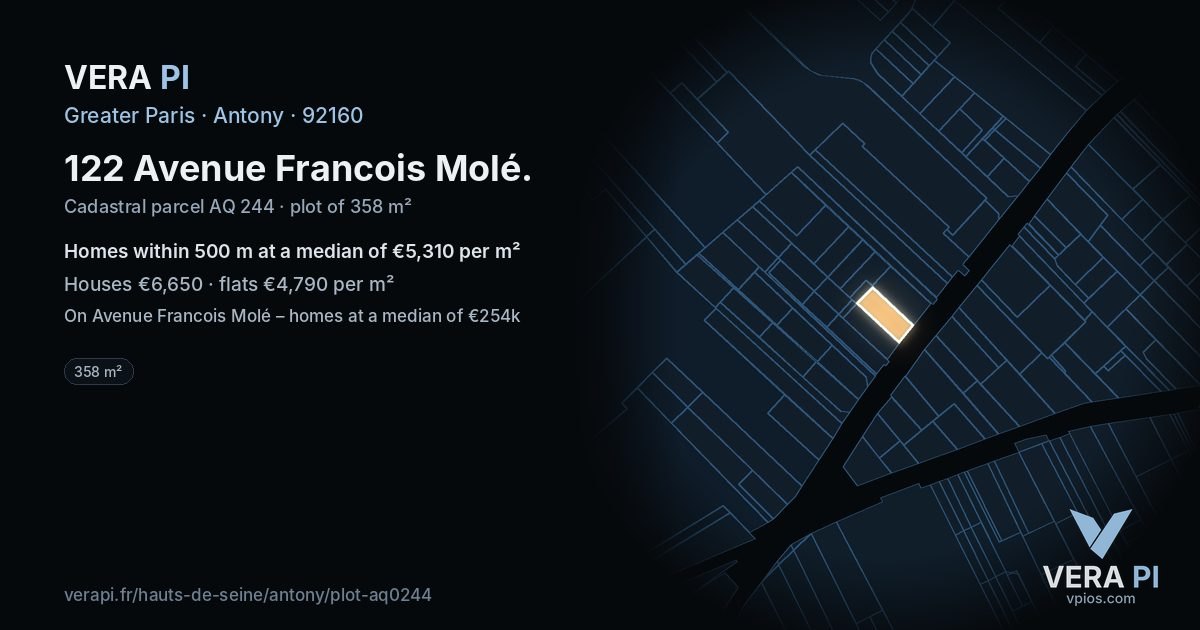 122 Avenue Francois Molé, Antony at night – the plot lit, the parcels around coloured by the prices near them
