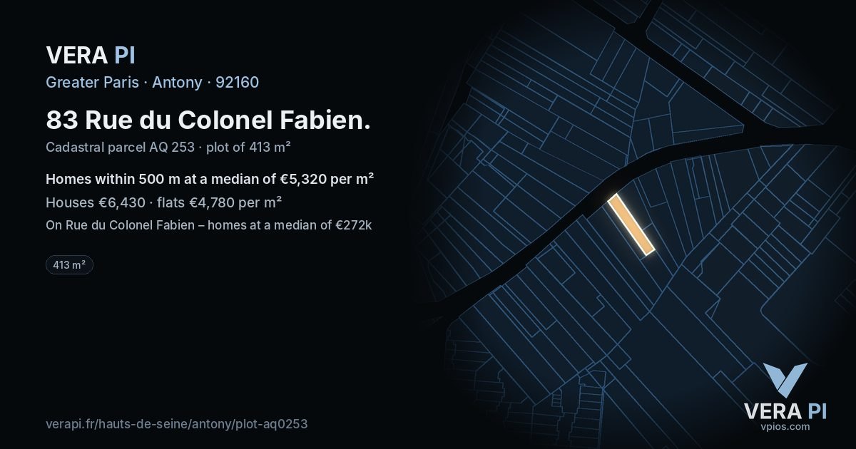 83 Rue du Colonel Fabien, Antony at night – the plot lit, the parcels around coloured by the prices near them