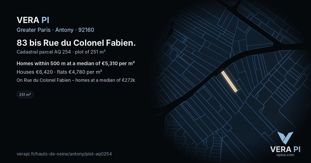 83 bis Rue du Colonel Fabien, Antony at night – the plot lit, the parcels around coloured by the prices near them