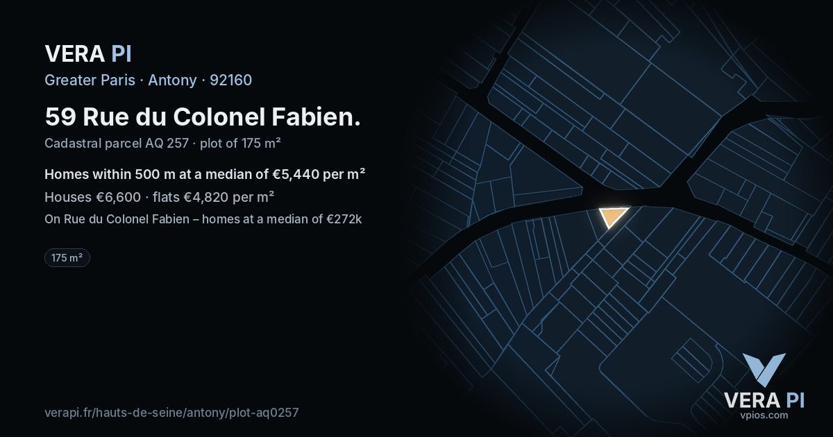59 Rue du Colonel Fabien, Antony at night – the plot lit, the parcels around coloured by the prices near them