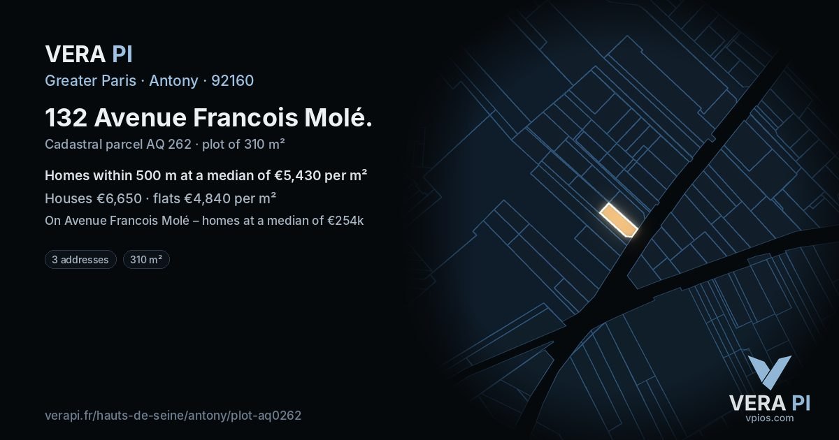 132 Avenue Francois Molé, Antony at night – the plot lit, the parcels around coloured by the prices near them