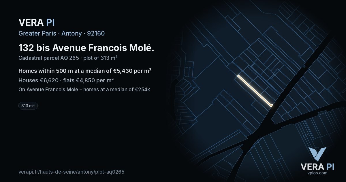 132 bis Avenue Francois Molé, Antony at night – the plot lit, the parcels around coloured by the prices near them