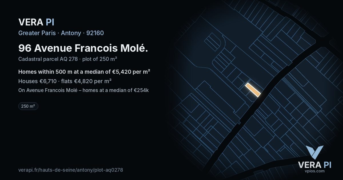 96 Avenue Francois Molé, Antony at night – the plot lit, the parcels around coloured by the prices near them