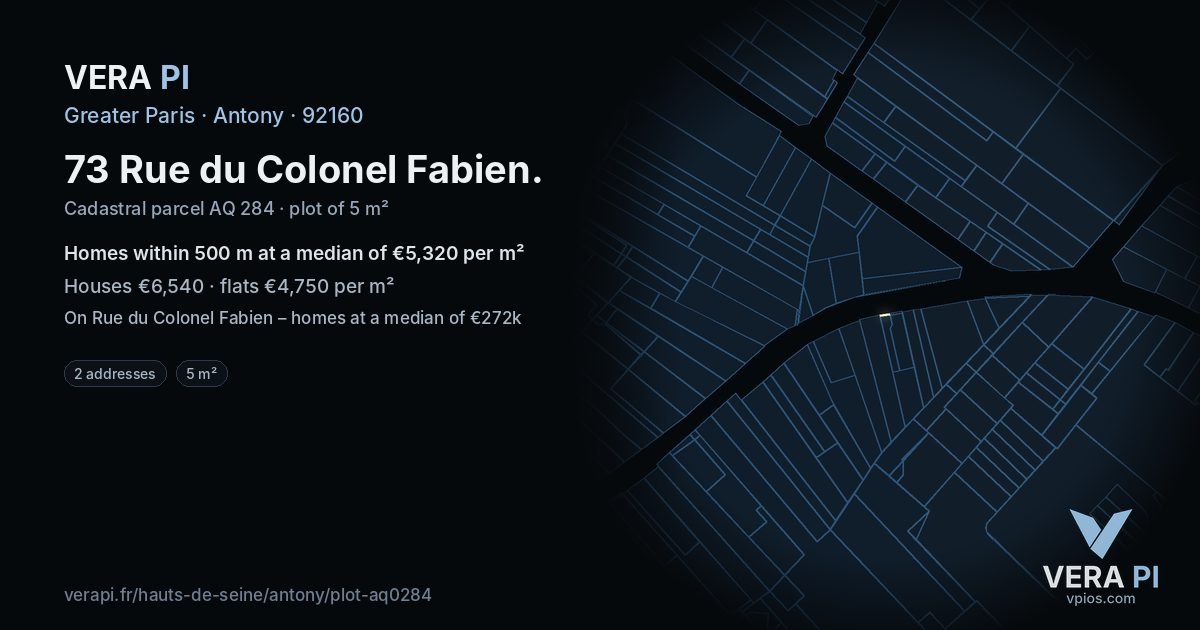 73 Rue du Colonel Fabien, Antony at night – the plot lit, the parcels around coloured by the prices near them