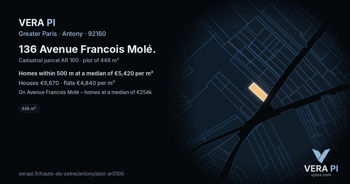136 Avenue Francois Molé, Antony at night – the plot lit, the parcels around coloured by the prices near them