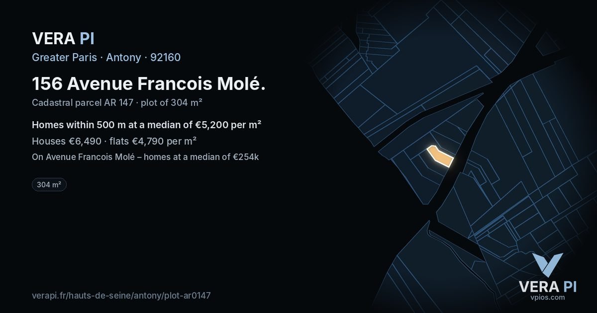 156 Avenue Francois Molé, Antony at night – the plot lit, the parcels around coloured by the prices near them