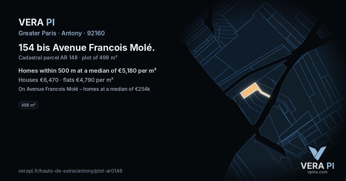 154 bis Avenue Francois Molé, Antony at night – the plot lit, the parcels around coloured by the prices near them