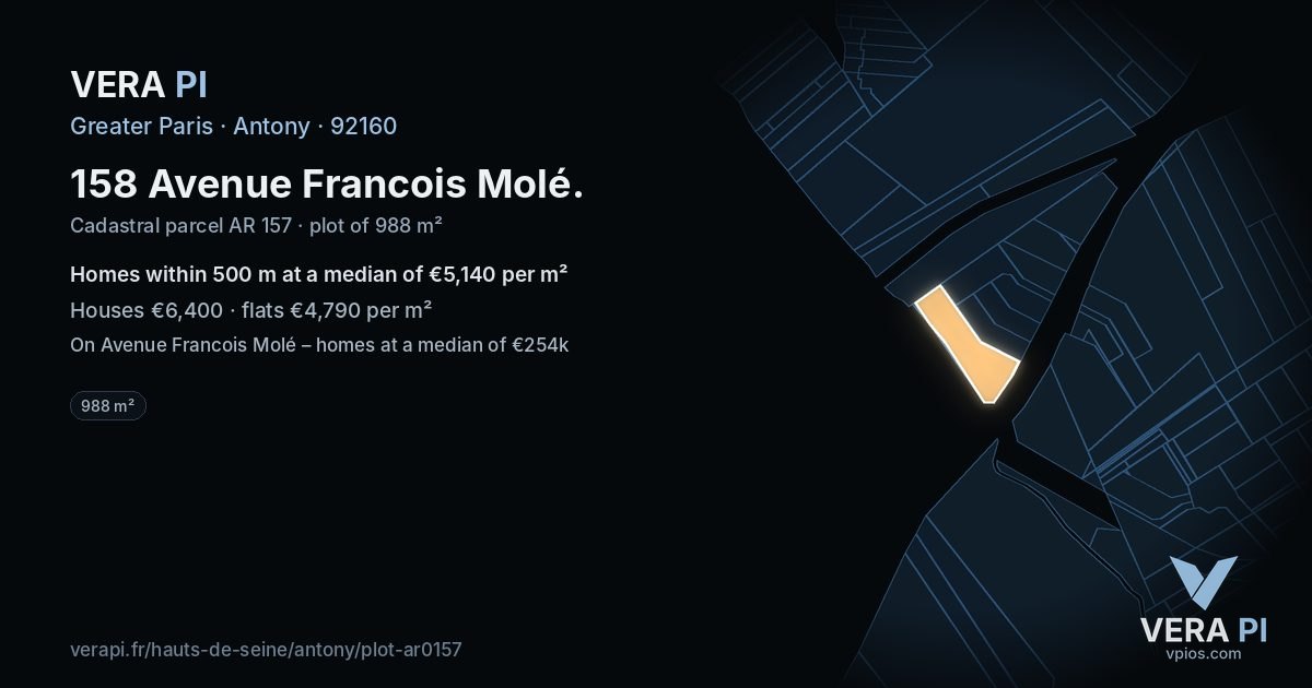 158 Avenue Francois Molé, Antony at night – the plot lit, the parcels around coloured by the prices near them