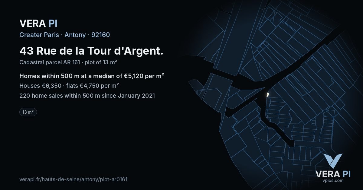 43 Rue de la Tour d'Argent, Antony at night – the plot lit, the parcels around coloured by the prices near them