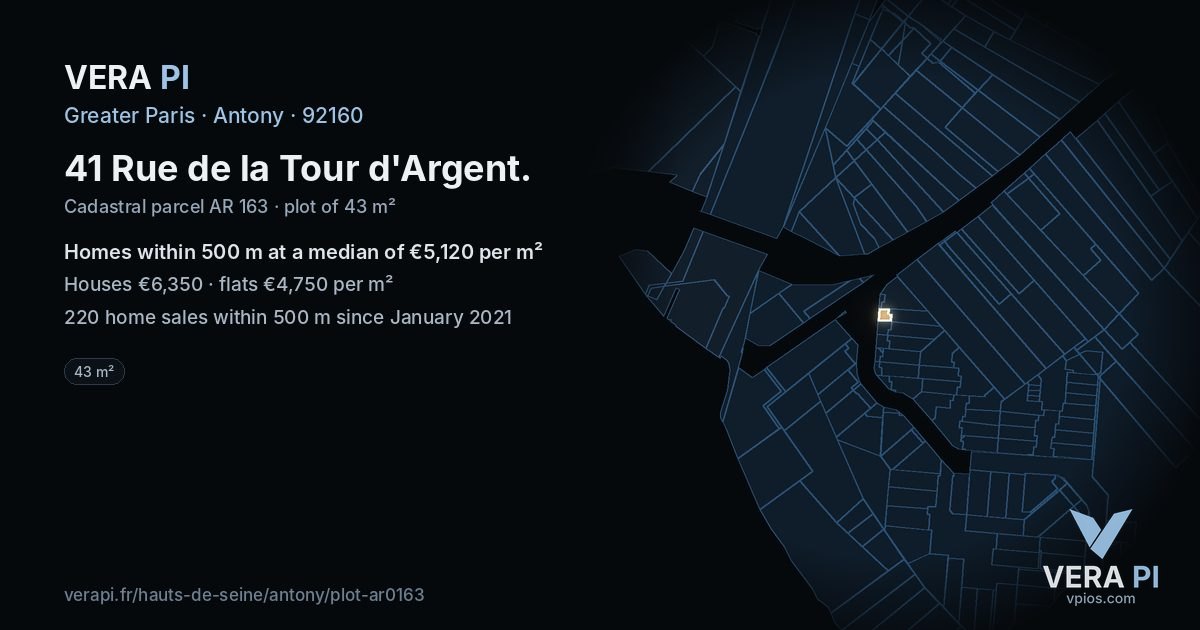 41 Rue de la Tour d'Argent, Antony at night – the plot lit, the parcels around coloured by the prices near them