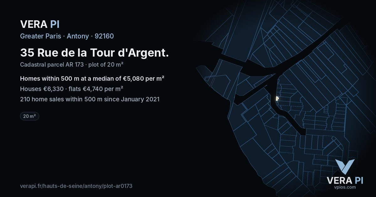 35 Rue de la Tour d'Argent, Antony at night – the plot lit, the parcels around coloured by the prices near them