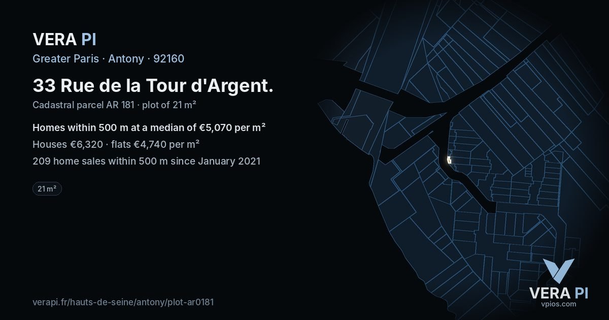 33 Rue de la Tour d'Argent, Antony at night – the plot lit, the parcels around coloured by the prices near them