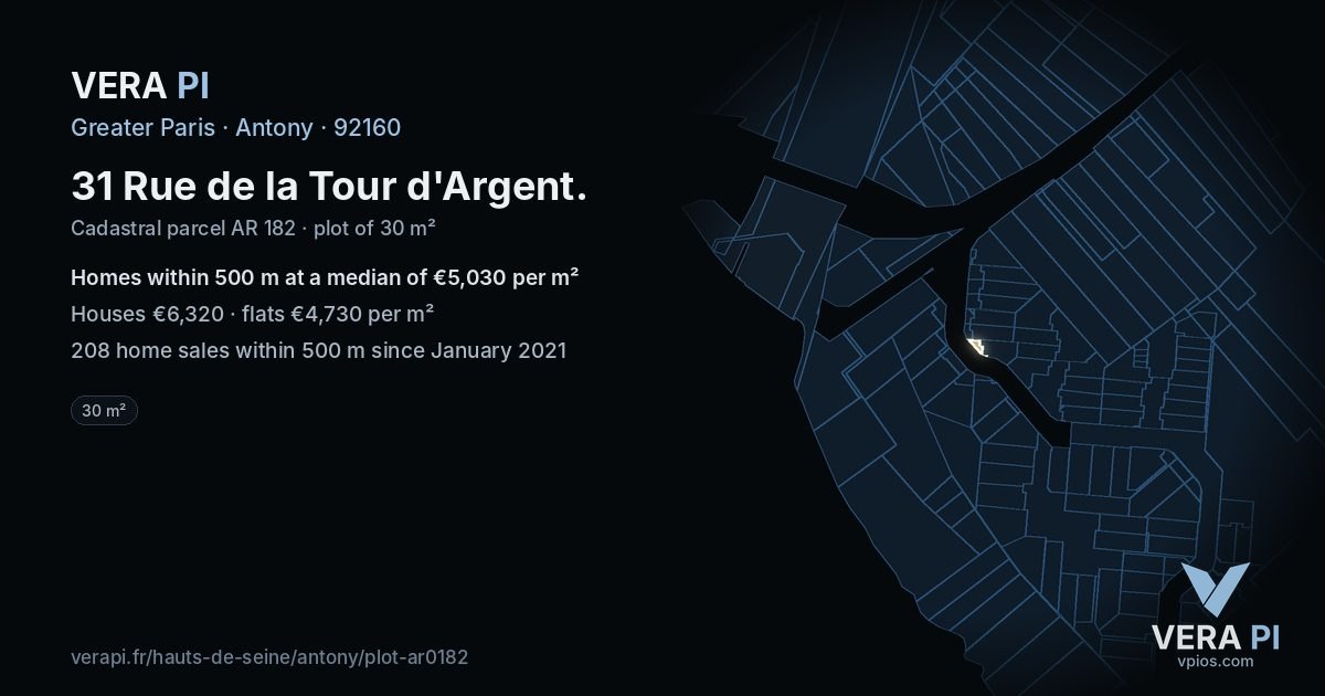 31 Rue de la Tour d'Argent, Antony at night – the plot lit, the parcels around coloured by the prices near them