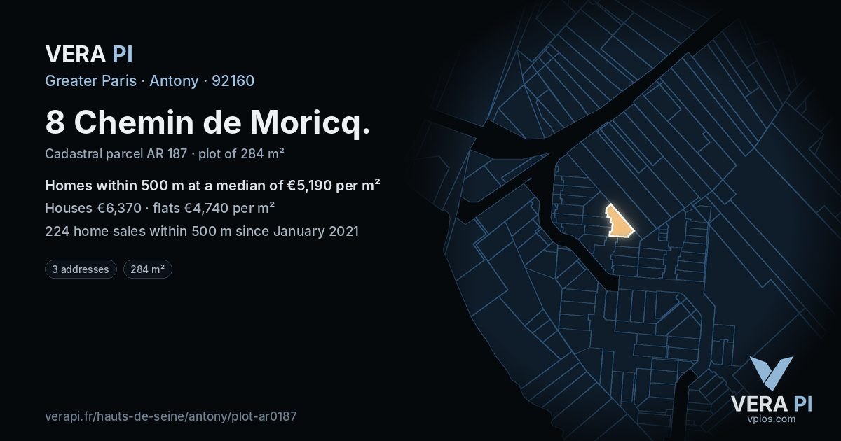 8 Chemin de Moricq, Antony at night – the plot lit, the parcels around coloured by the prices near them