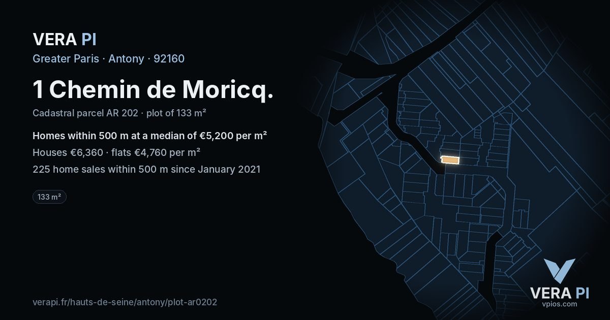 1 Chemin de Moricq, Antony at night – the plot lit, the parcels around coloured by the prices near them