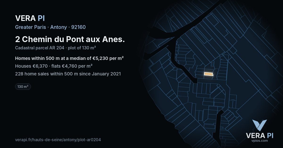 2 Chemin du Pont aux Anes, Antony at night – the plot lit, the parcels around coloured by the prices near them