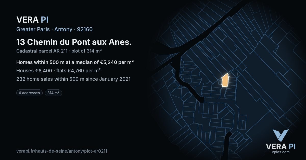 13 Chemin du Pont aux Anes, Antony at night – the plot lit, the parcels around coloured by the prices near them