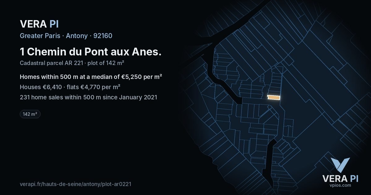 1 Chemin du Pont aux Anes, Antony at night – the plot lit, the parcels around coloured by the prices near them
