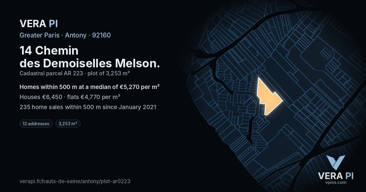 14 Chemin des Demoiselles Melson, Antony at night – the plot lit, the parcels around coloured by the prices near them