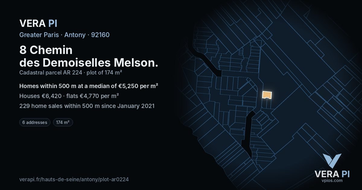 8 Chemin des Demoiselles Melson, Antony at night – the plot lit, the parcels around coloured by the prices near them