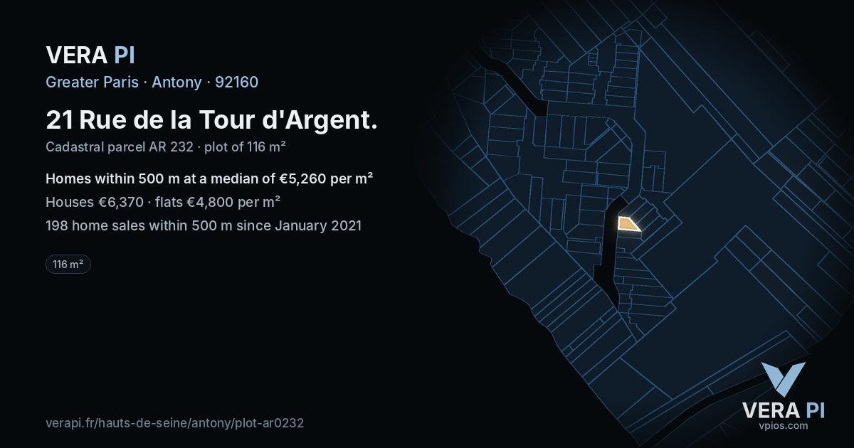 21 Rue de la Tour d'Argent, Antony at night – the plot lit, the parcels around coloured by the prices near them