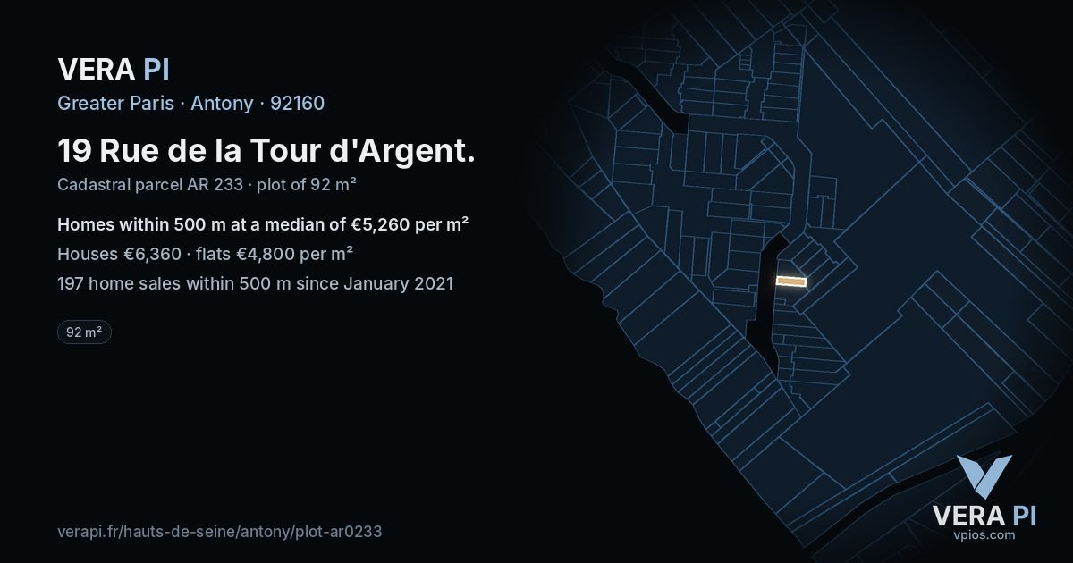 19 Rue de la Tour d'Argent, Antony at night – the plot lit, the parcels around coloured by the prices near them