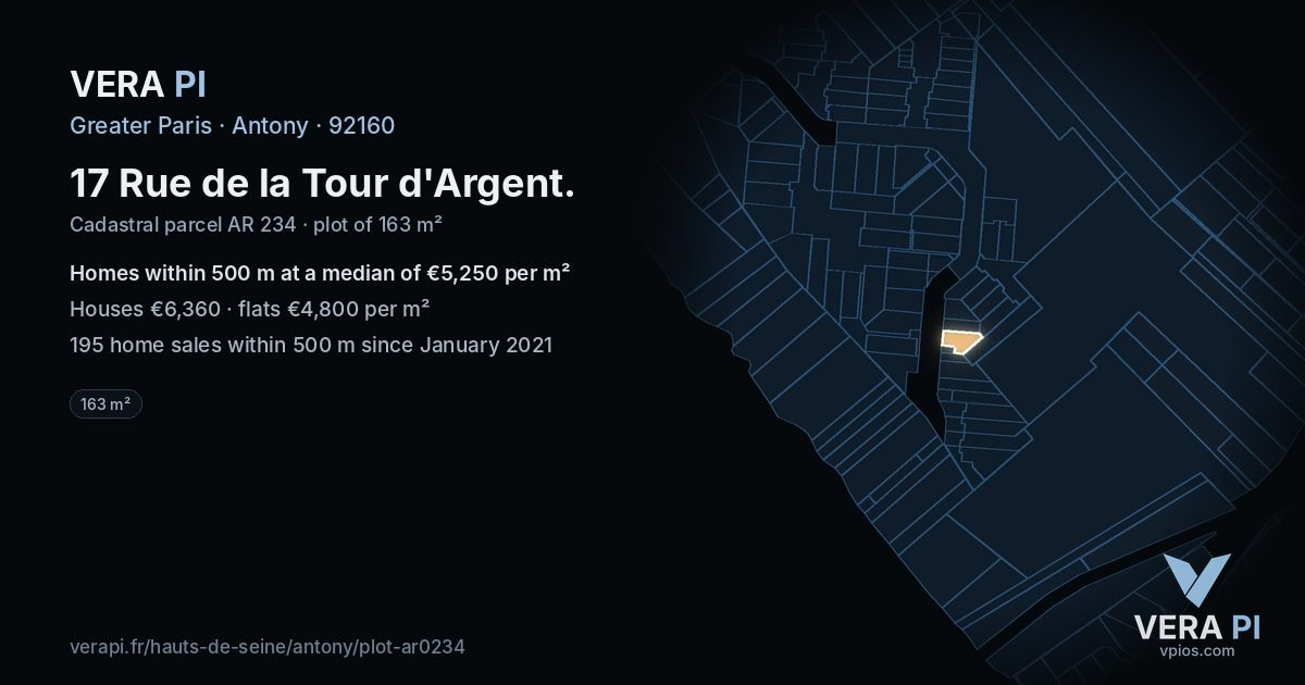17 Rue de la Tour d'Argent, Antony at night – the plot lit, the parcels around coloured by the prices near them
