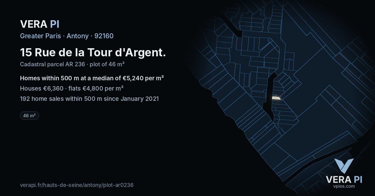 15 Rue de la Tour d'Argent, Antony at night – the plot lit, the parcels around coloured by the prices near them