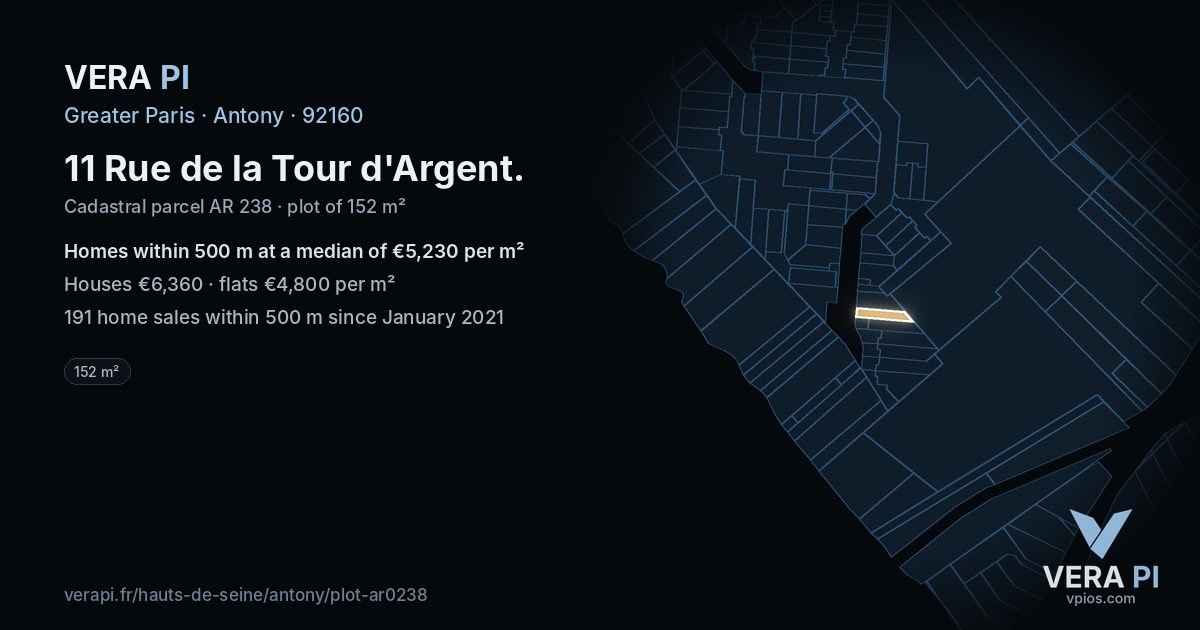 11 Rue de la Tour d'Argent, Antony at night – the plot lit, the parcels around coloured by the prices near them