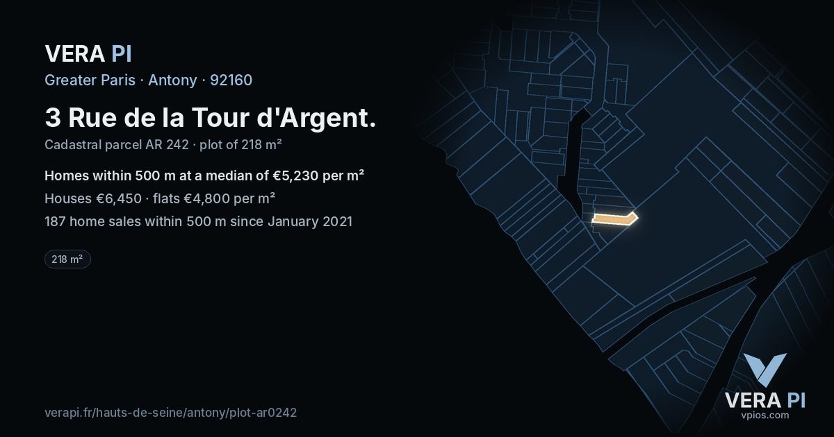 3 Rue de la Tour d'Argent, Antony at night – the plot lit, the parcels around coloured by the prices near them
