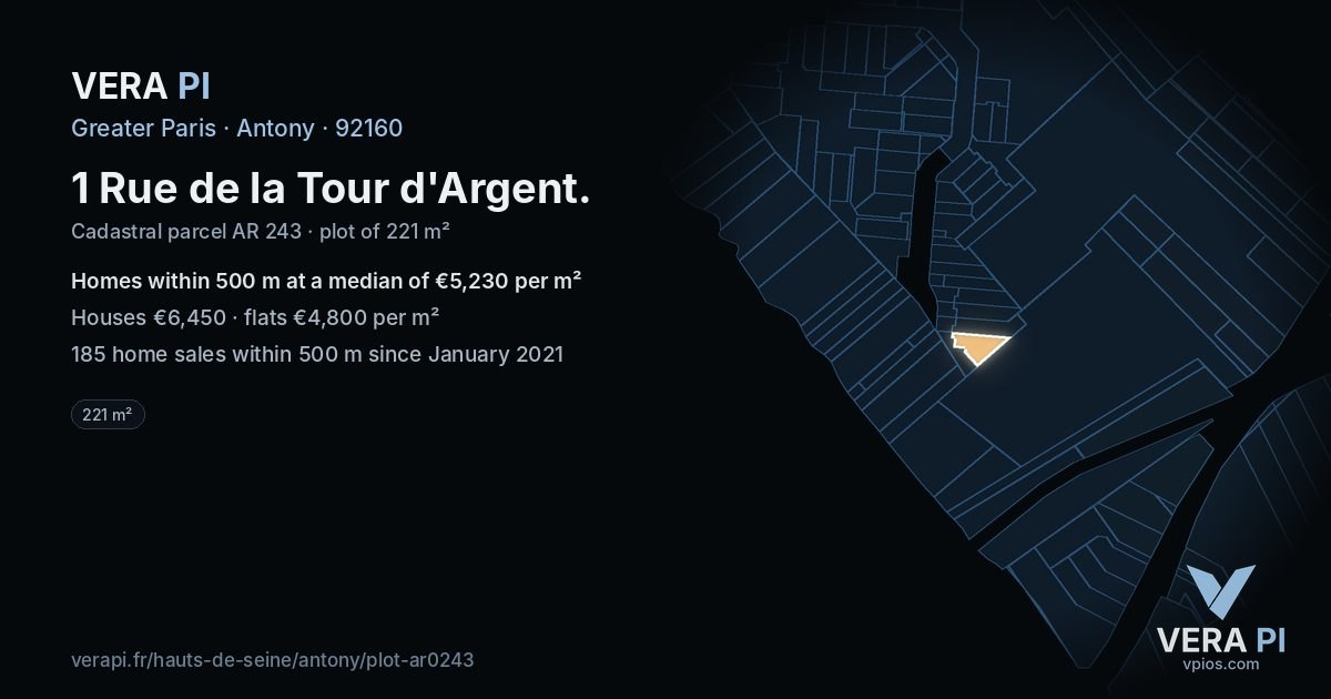 1 Rue de la Tour d'Argent, Antony at night – the plot lit, the parcels around coloured by the prices near them