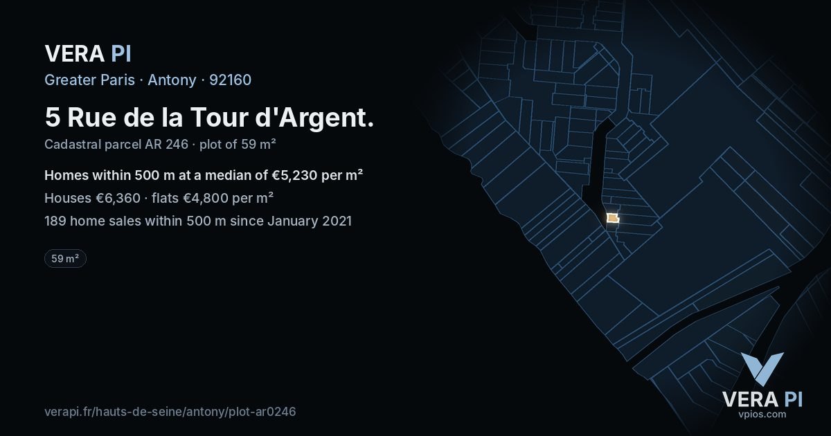 5 Rue de la Tour d'Argent, Antony at night – the plot lit, the parcels around coloured by the prices near them