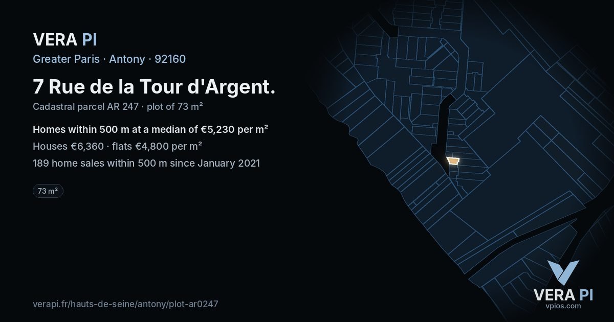 7 Rue de la Tour d'Argent, Antony at night – the plot lit, the parcels around coloured by the prices near them