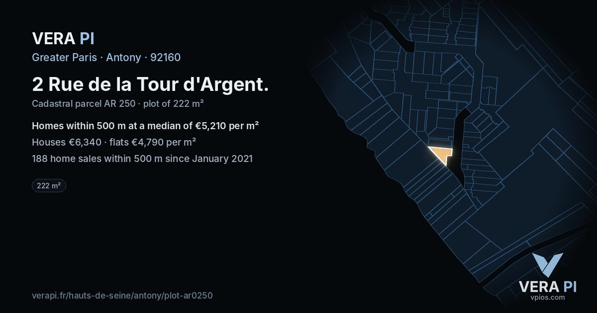 2 Rue de la Tour d'Argent, Antony at night – the plot lit, the parcels around coloured by the prices near them