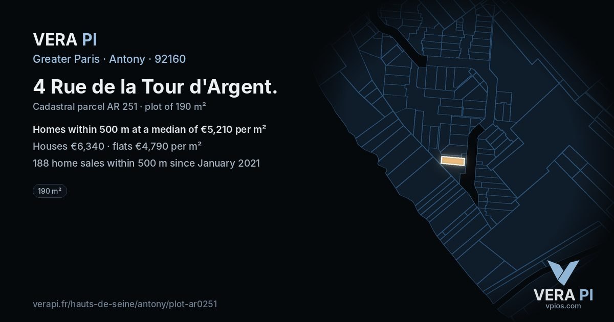 4 Rue de la Tour d'Argent, Antony at night – the plot lit, the parcels around coloured by the prices near them