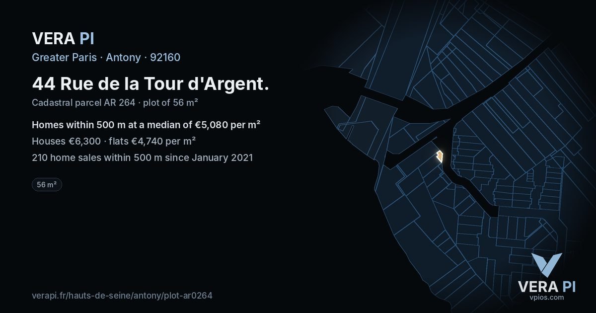 44 Rue de la Tour d'Argent, Antony at night – the plot lit, the parcels around coloured by the prices near them
