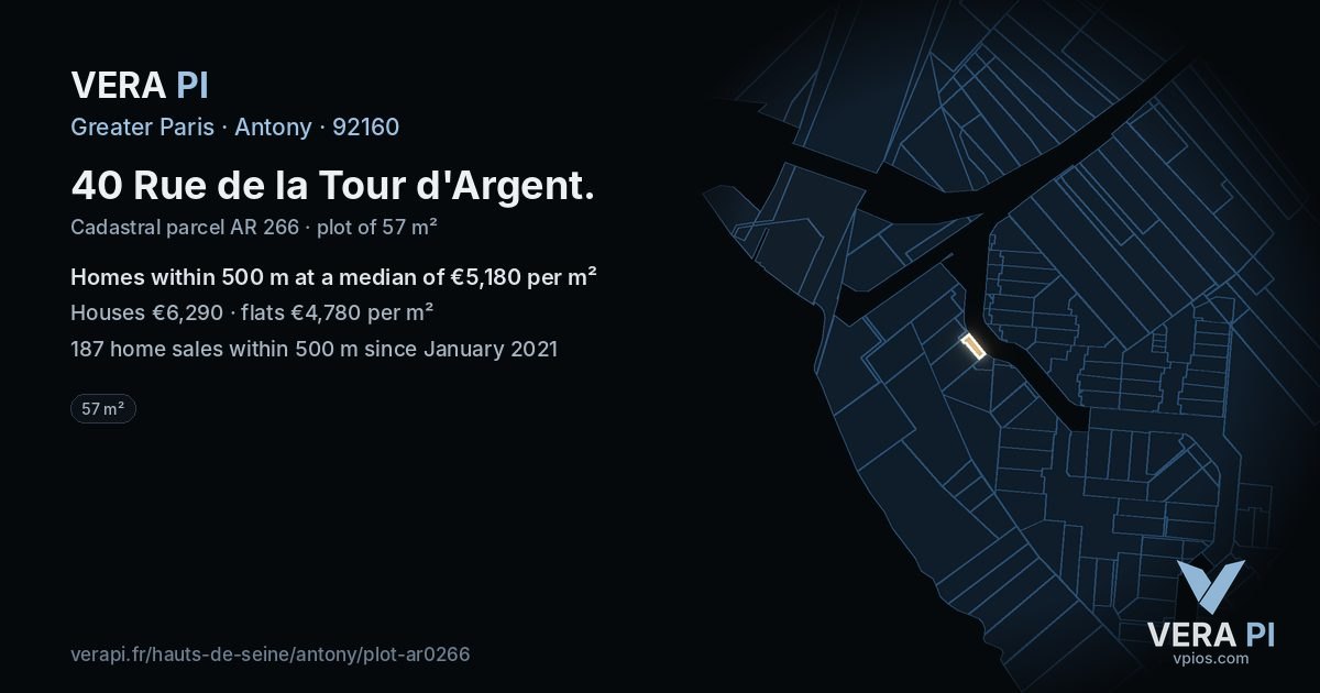 40 Rue de la Tour d'Argent, Antony at night – the plot lit, the parcels around coloured by the prices near them