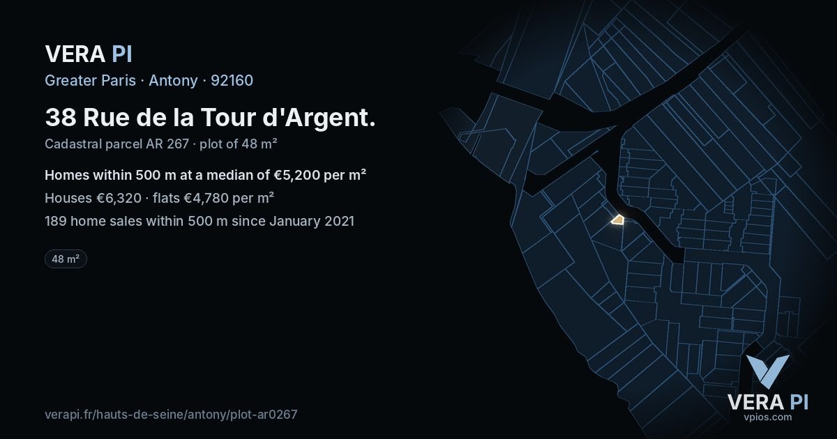 38 Rue de la Tour d'Argent, Antony at night – the plot lit, the parcels around coloured by the prices near them