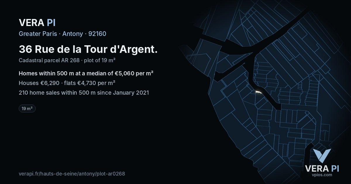 36 Rue de la Tour d'Argent, Antony at night – the plot lit, the parcels around coloured by the prices near them