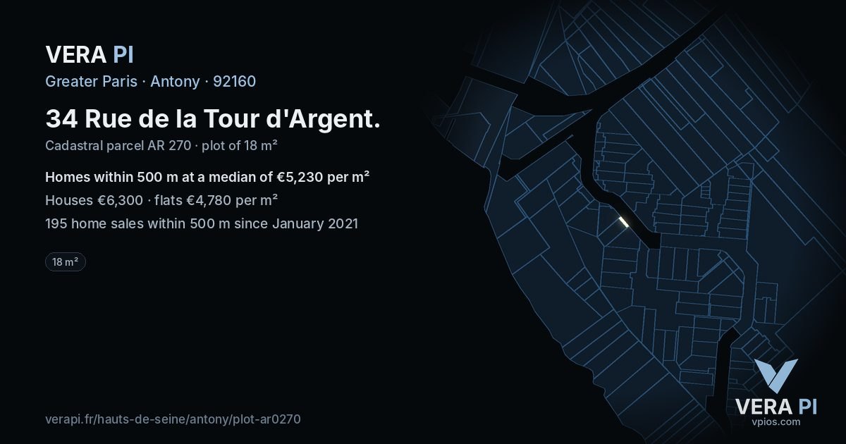 34 Rue de la Tour d'Argent, Antony at night – the plot lit, the parcels around coloured by the prices near them