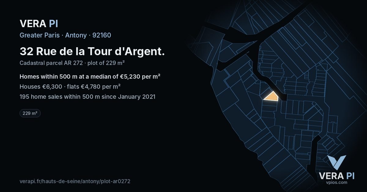 32 Rue de la Tour d'Argent, Antony at night – the plot lit, the parcels around coloured by the prices near them