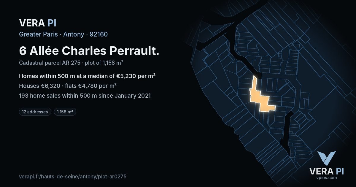 6 Allée Charles Perrault, Antony at night – the plot lit, the parcels around coloured by the prices near them