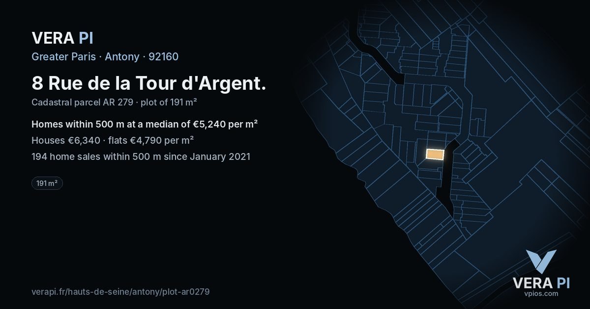 8 Rue de la Tour d'Argent, Antony at night – the plot lit, the parcels around coloured by the prices near them