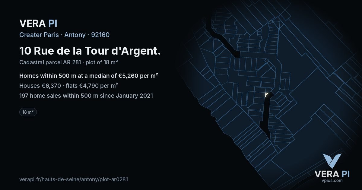10 Rue de la Tour d'Argent, Antony at night – the plot lit, the parcels around coloured by the prices near them